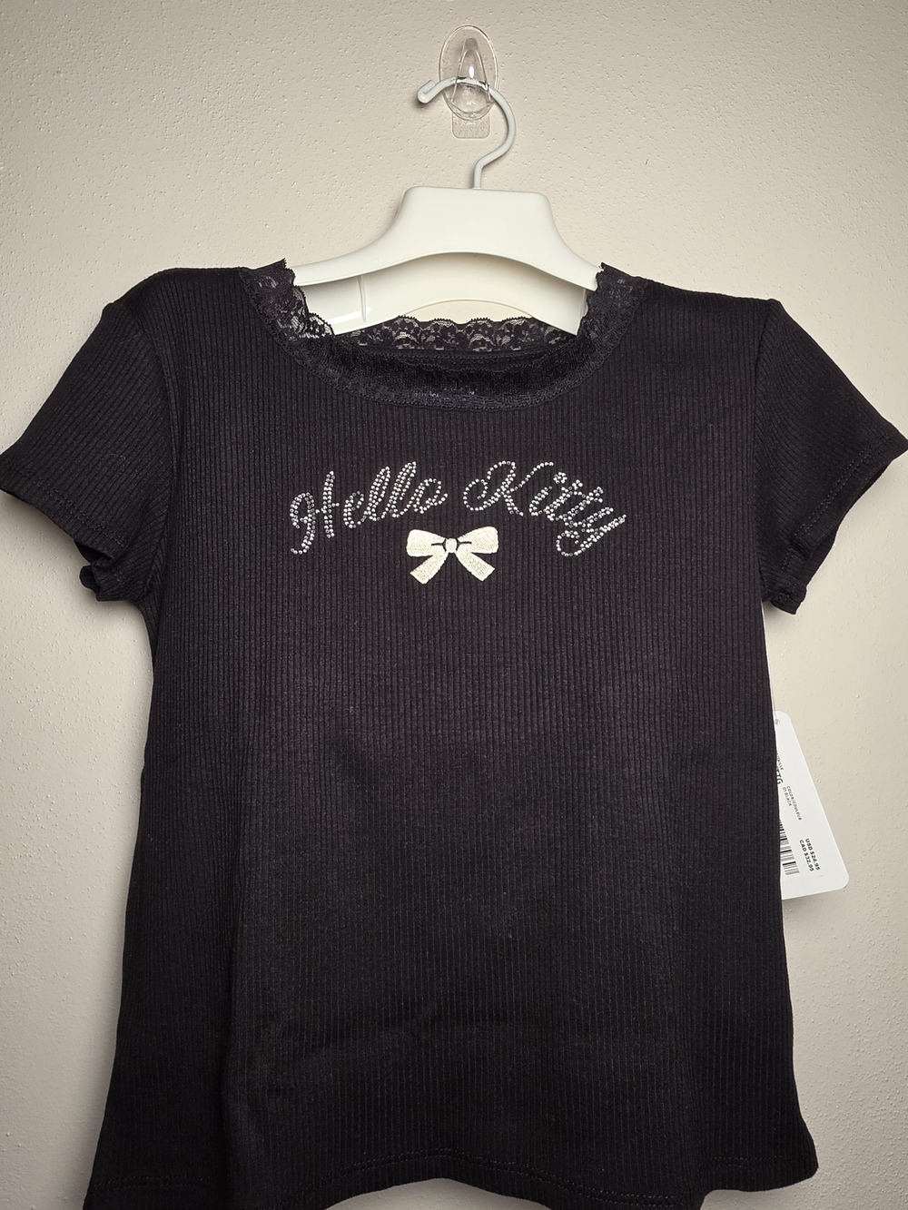 Hello Kitty Girls' Black Short Sleeve Top with Lace Trim